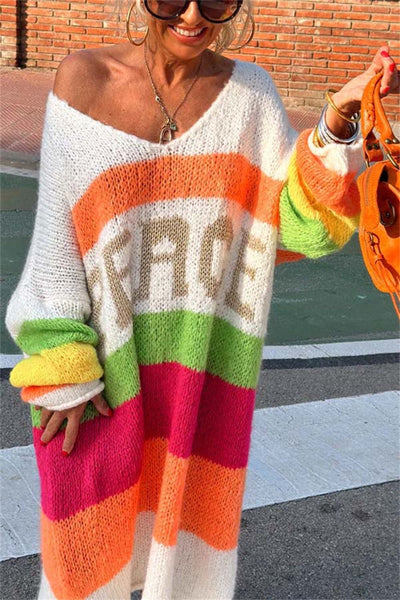 Color Block V-Neck Long Sleeve Sweater Dress for Women