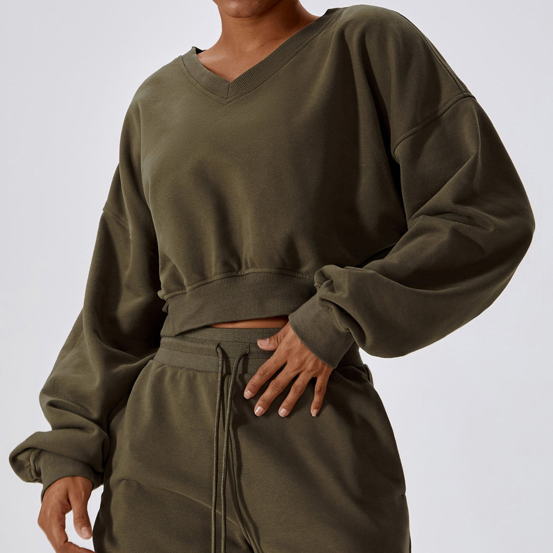 Cozy V Neck Long Sleeve Terry Sweatshirt for Active Adventures