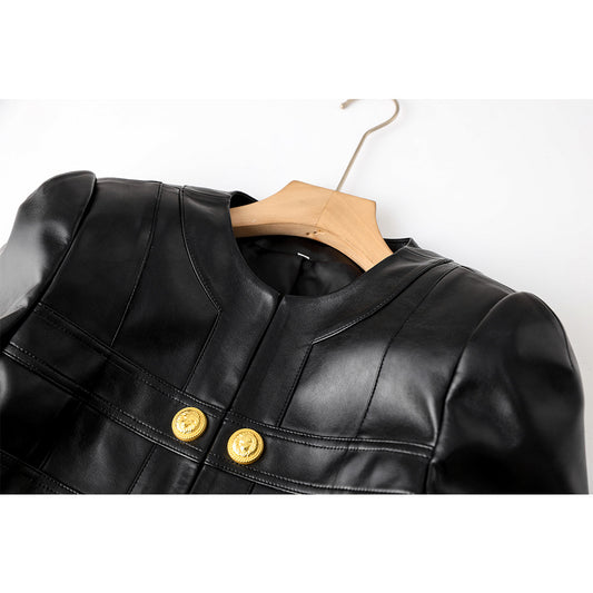Chic PU Leather Spliced Round Neck Cardigan with Shoulder Pads