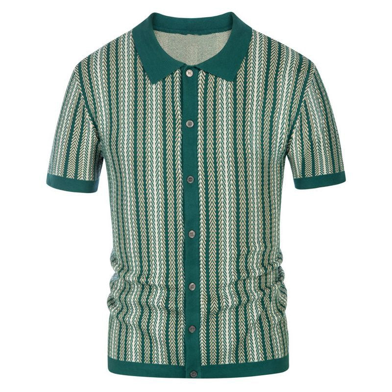 Elegant Ice Cool Silk Striped Jacquard Polo Shirt for Men