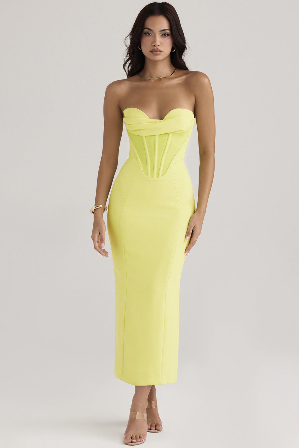 Strapless Sleek Fishbone Back Dress with Sensual Slit