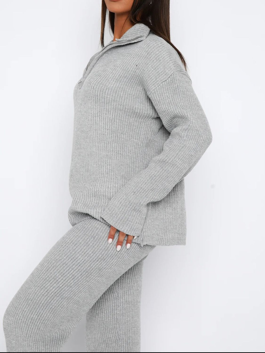 Chic Ribbed Quarter Zip Lounge Set with Long Sleeve Top and Bottom