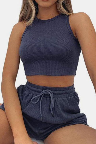 Stylish Round Neck Lounge Set with Adjustable Shorts Set