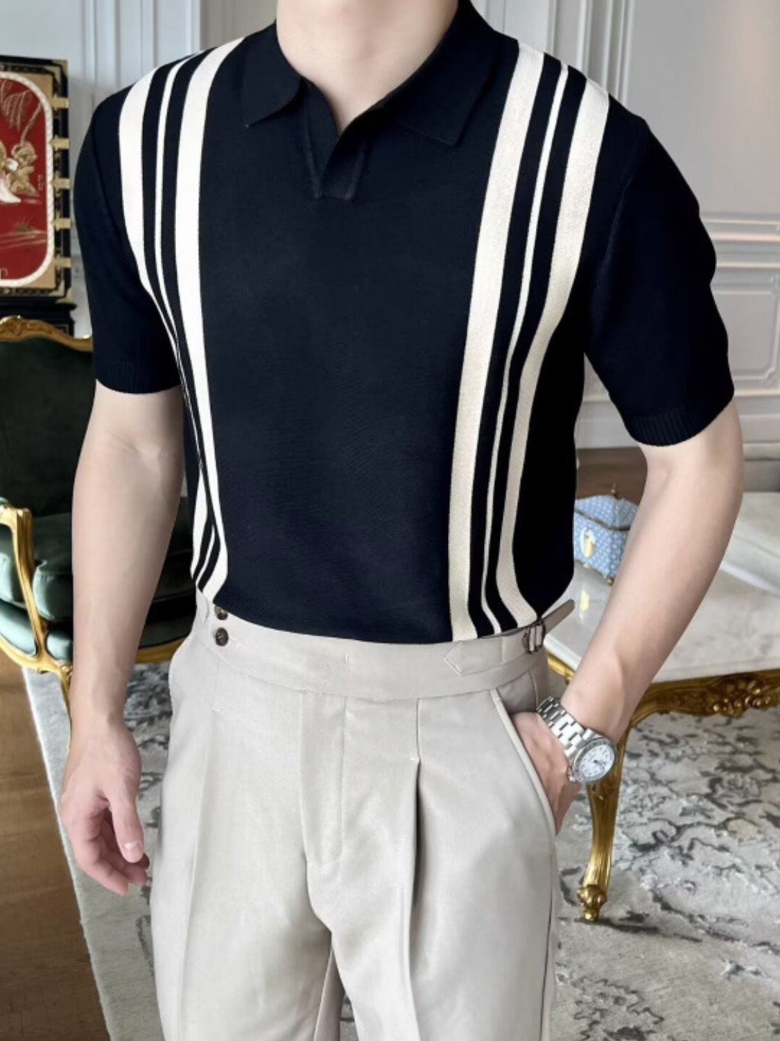 Men's Plus Size Contrast Collared Neck Polo Shirt for Comfort