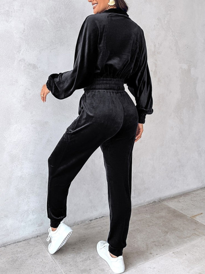 Cropped Zip-Up Long Sleeve Top and Jogger Set