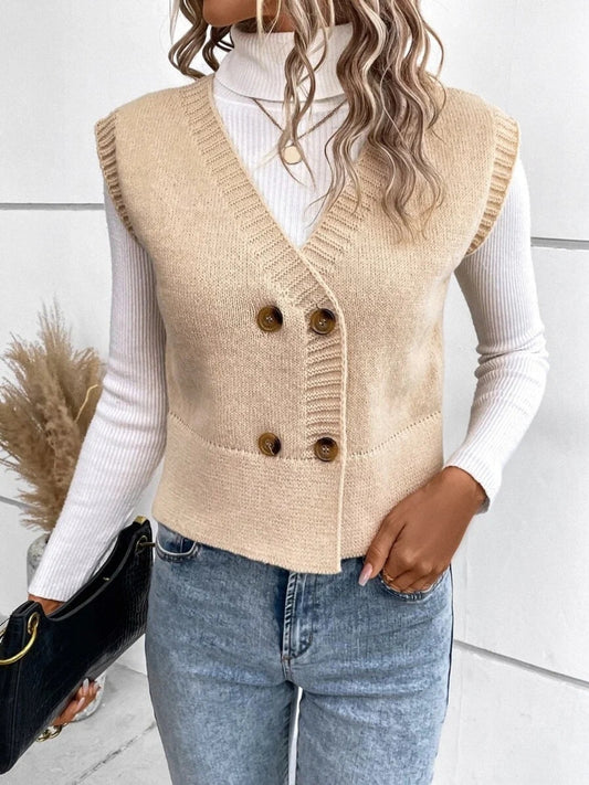 Full Size Button Up V-Neck Sweater Vest for Women