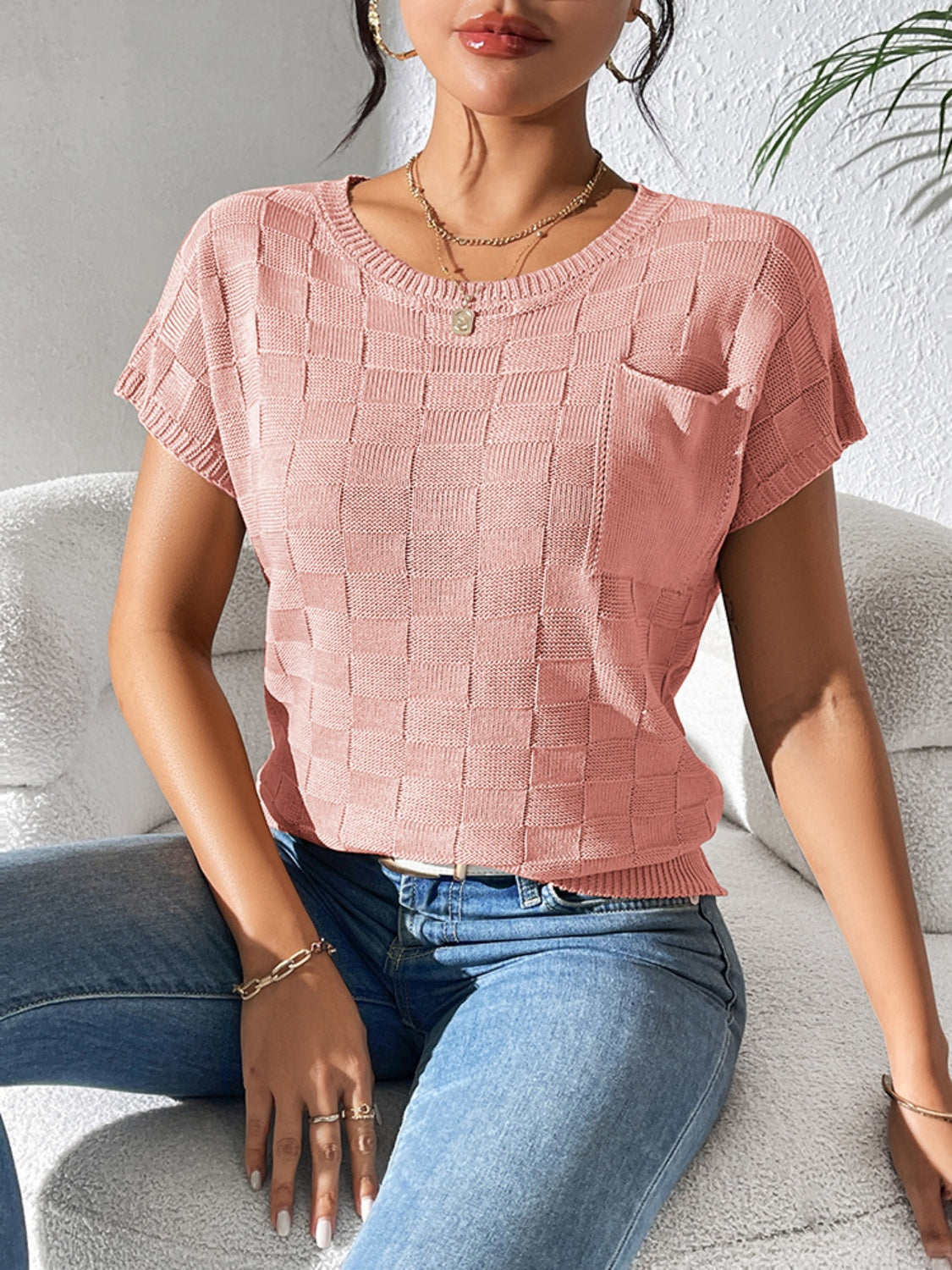 Round Neck Short Sleeve Knit Top for Effortless Style