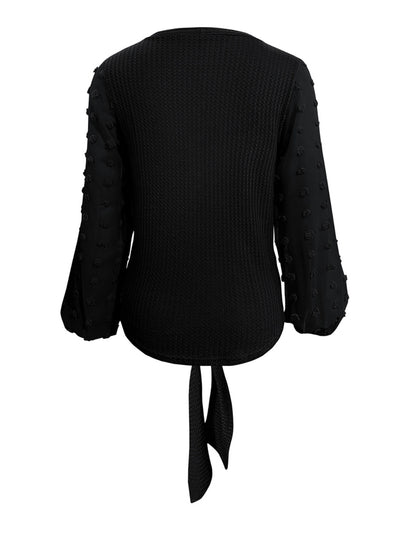 Chic Tied Swiss Dot V-Neck Blouse with Long Sleeves Style