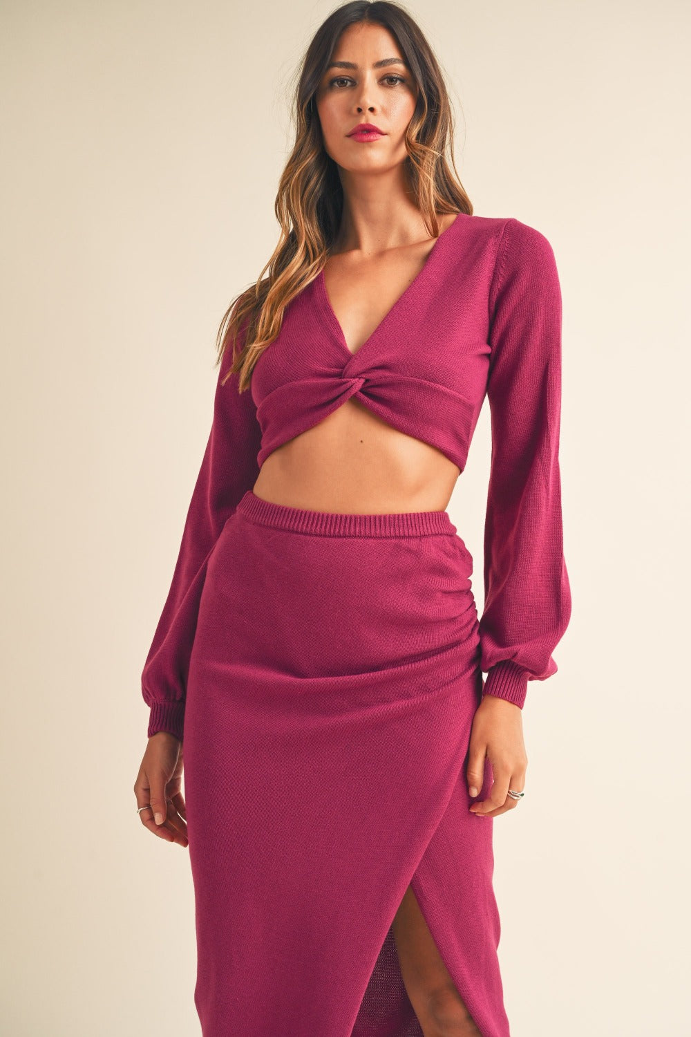 MABLE Twisted Knit Top and Midi Skirt Ensemble Set