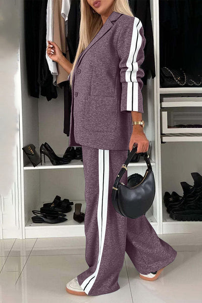 Full Size Contrast Lapel Collar Top and Pants Set for Women