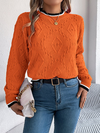 Contrast Trim Round Neck Long Sleeve Sweater for Women