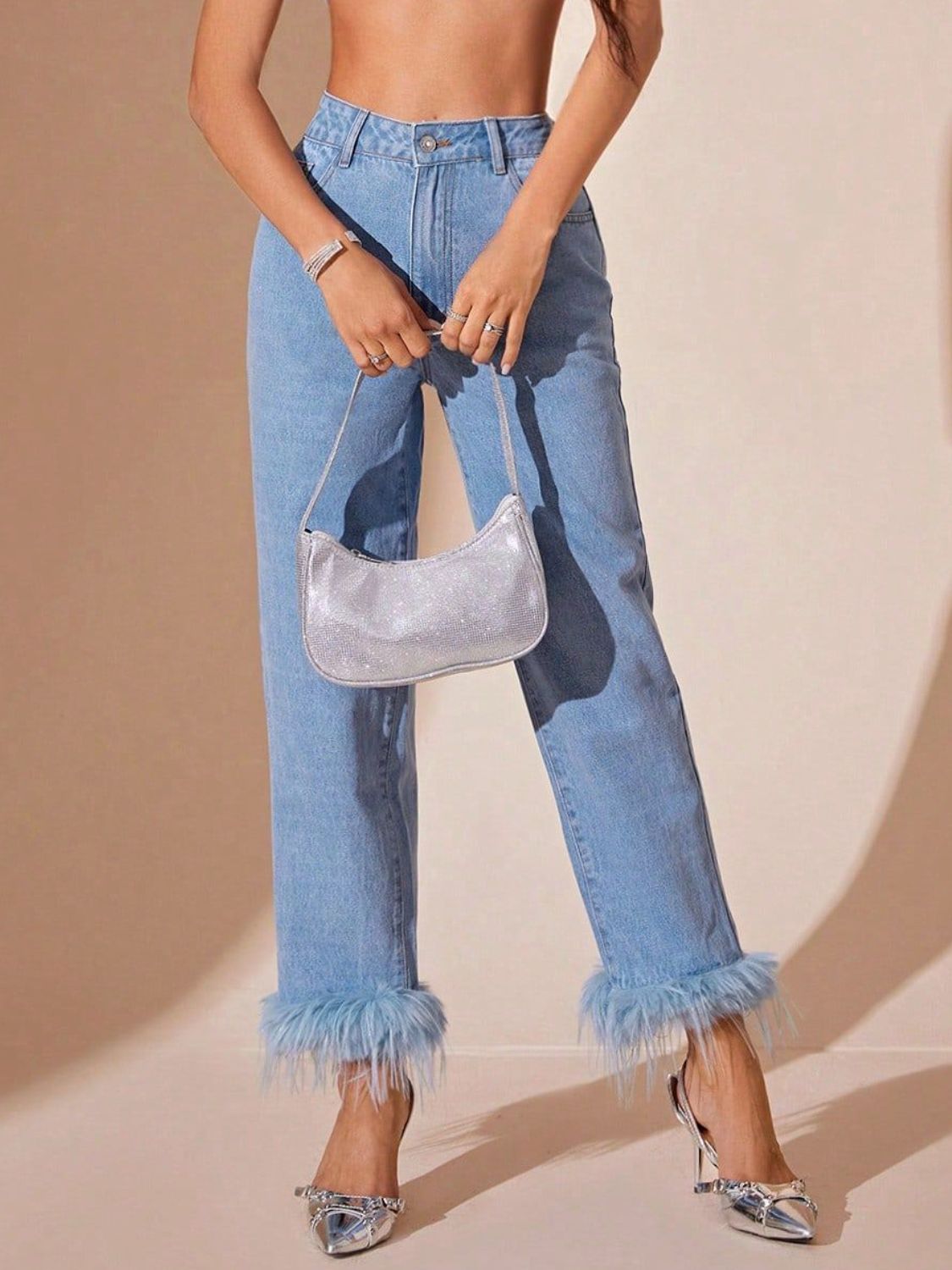 Plush Hem High Rise Straight Jeans for Women in Various Sizes