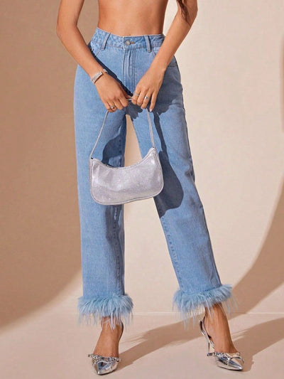 Plush Hem High Rise Straight Jeans for Women in Various Sizes