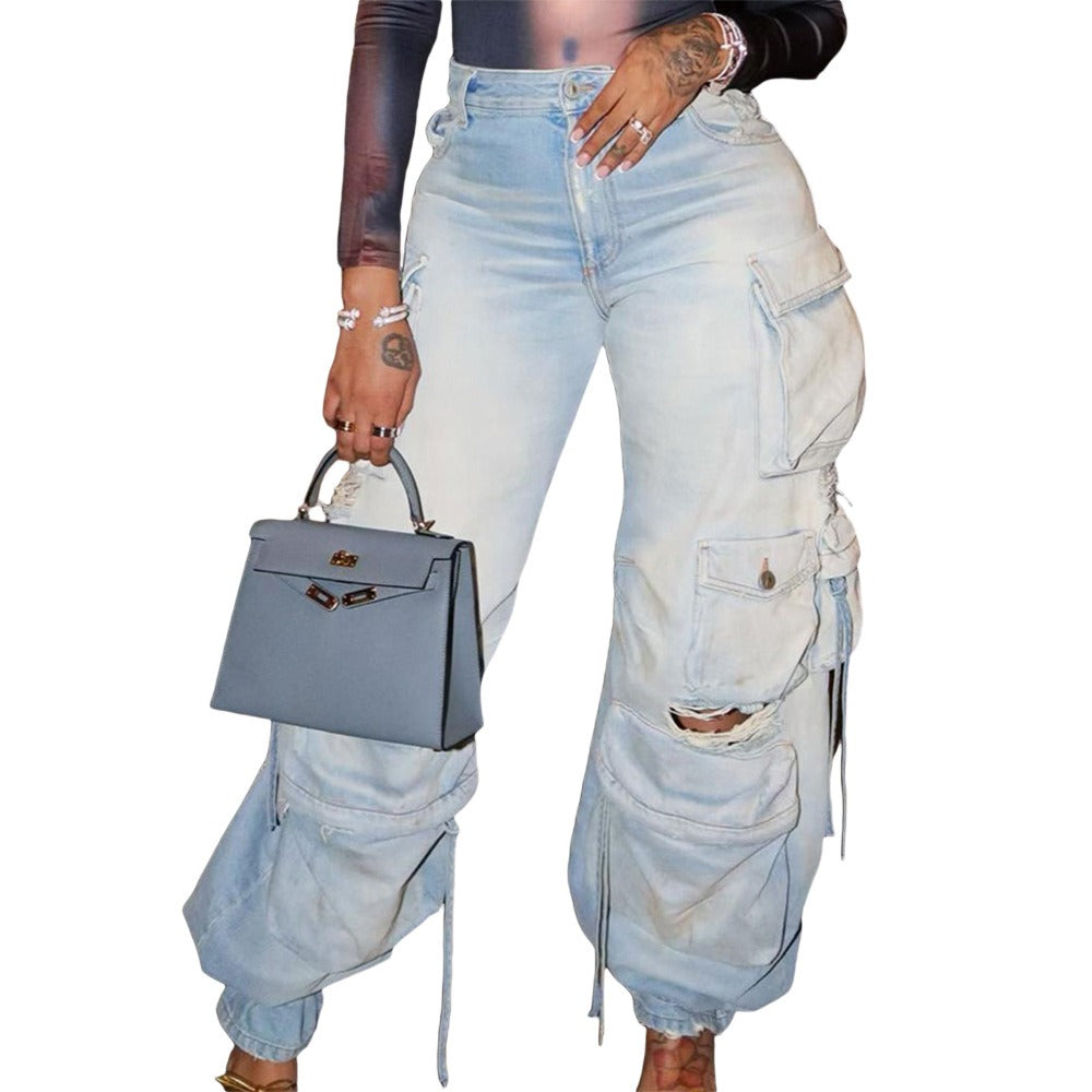 Vintage-Inspired Denim Cargo Pants with 3D Accents