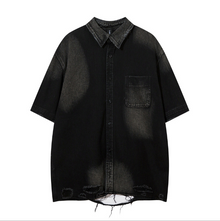 Retro Distressed Denim Relaxed Fit Short Sleeve Shirt Men
