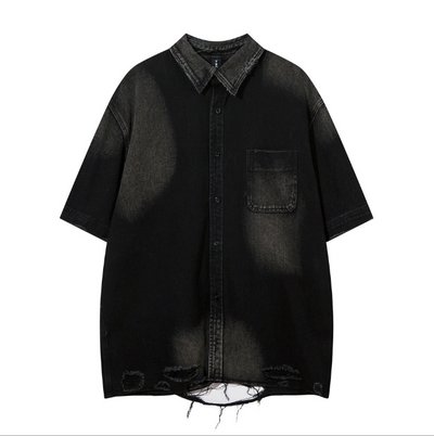 Retro Distressed Denim Relaxed Fit Short Sleeve Shirt Men