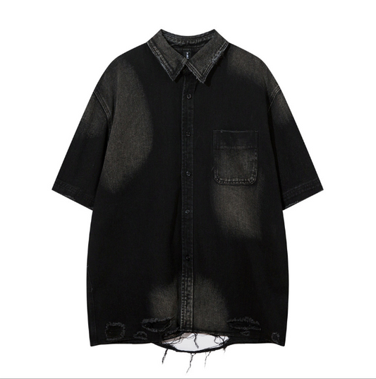 Retro Distressed Denim Relaxed Fit Short Sleeve Shirt Men