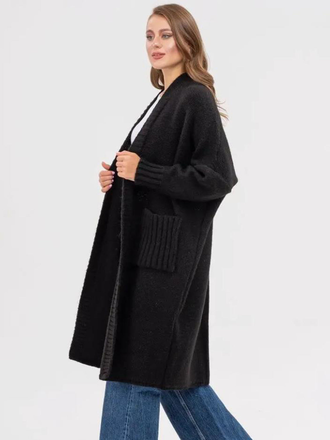 Pocketed Open Front Long Sleeve Longline Cardigan for Women
