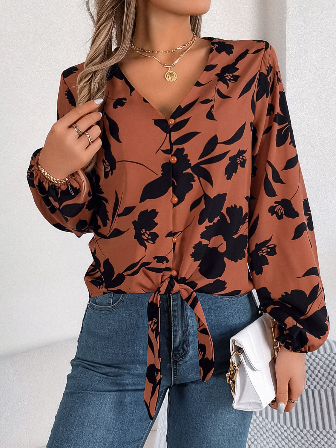 Elegant Printed Long Sleeve V-Neck Blouse for Women