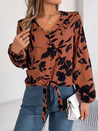 Elegant Printed Long Sleeve V-Neck Blouse for Women