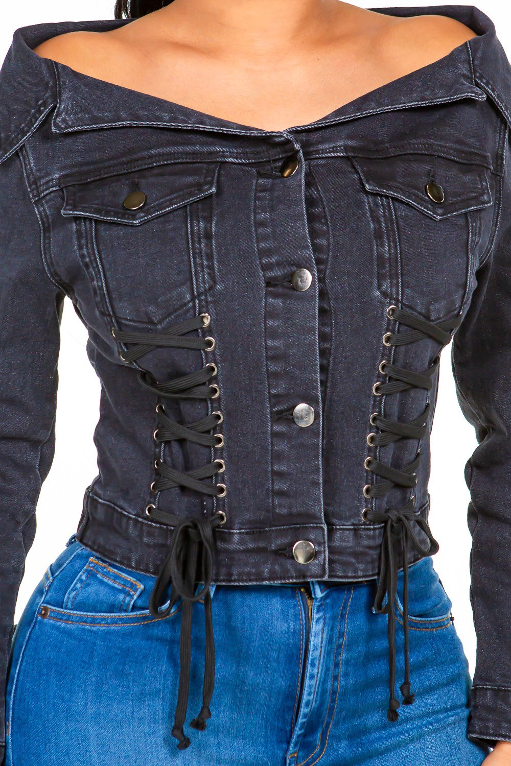 Stylish Off-Shoulder Lace-Up Denim Jacket for Fashion Enthusiasts