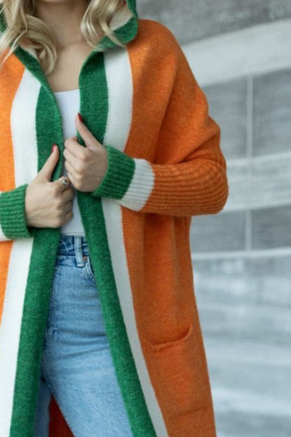 Pocketed Contrast Long Sleeve Hooded Cardigan for Women