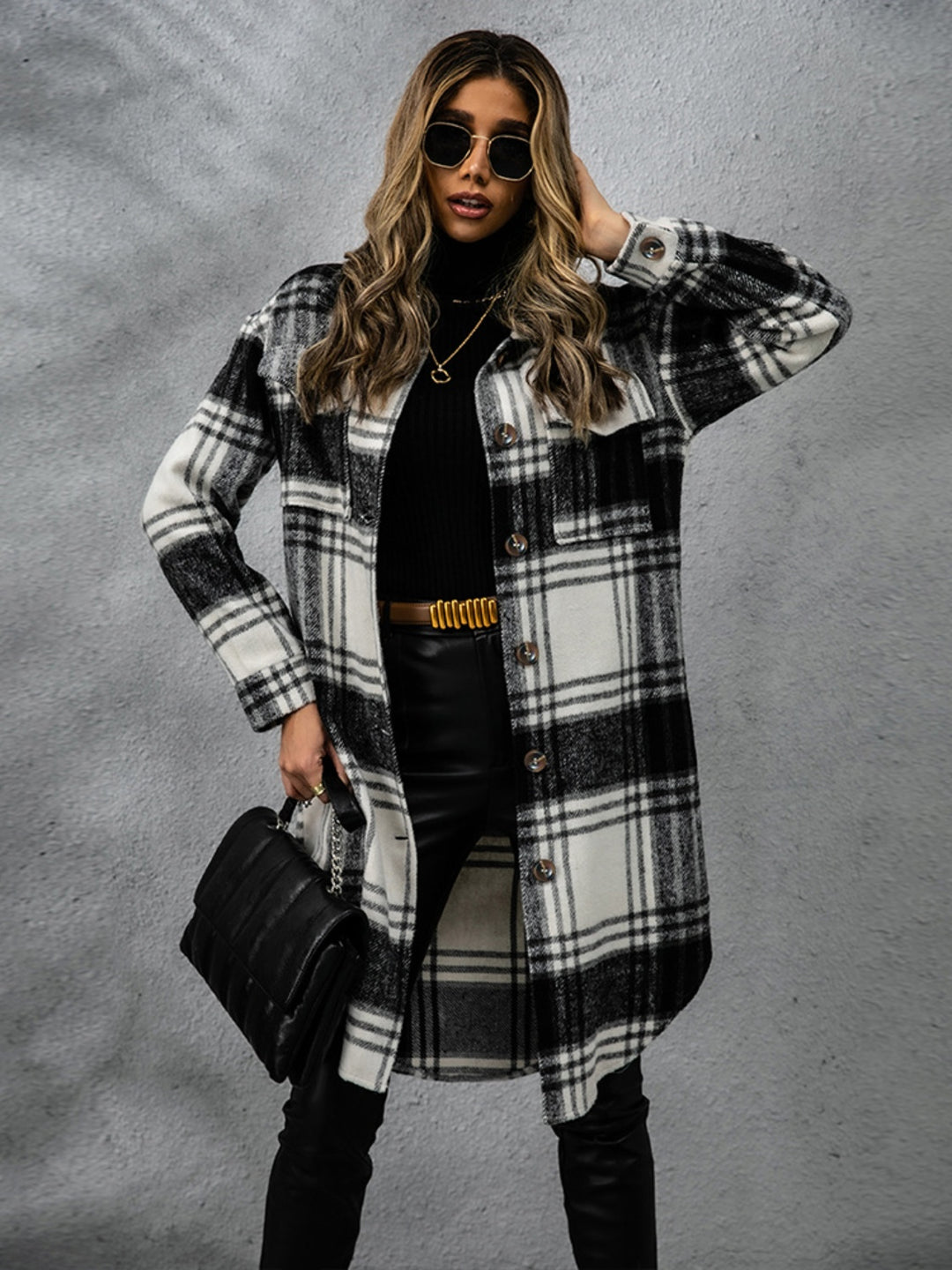 Chic Plaid Long Sleeve Coat with Collared Neck