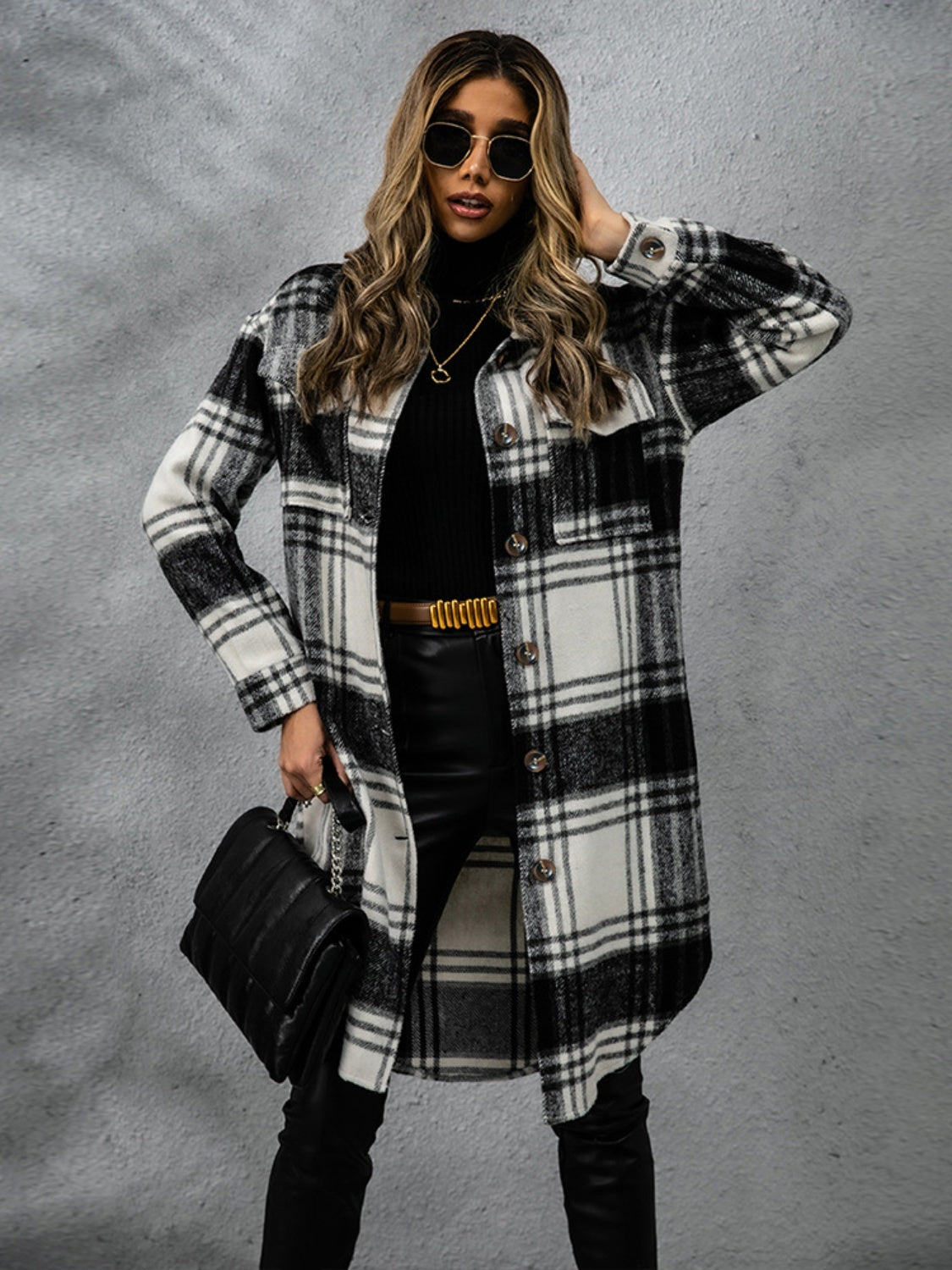 Chic Plaid Long Sleeve Coat with Collared Neck Fashion