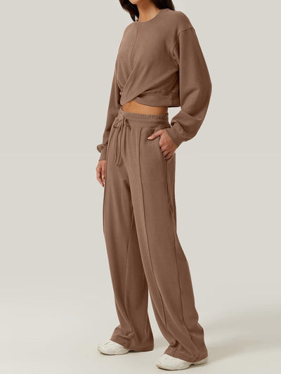 Trendy Crisscross Neck Top and Adjustable Waist Pants Set