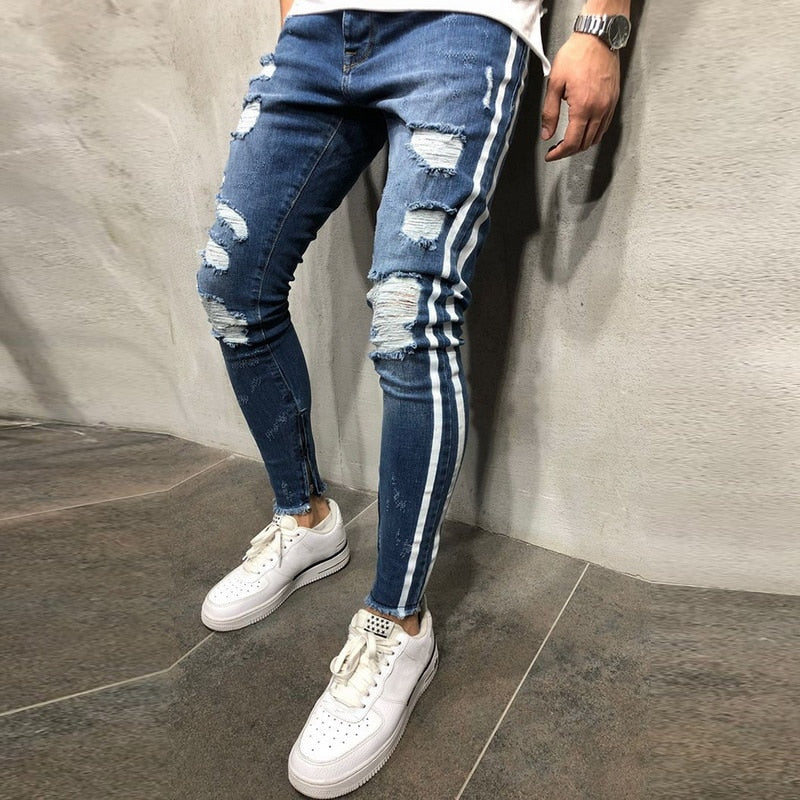 Stylish Striped Distressed Slim Fit Jeans for Men - Urban Fashion Must-Have