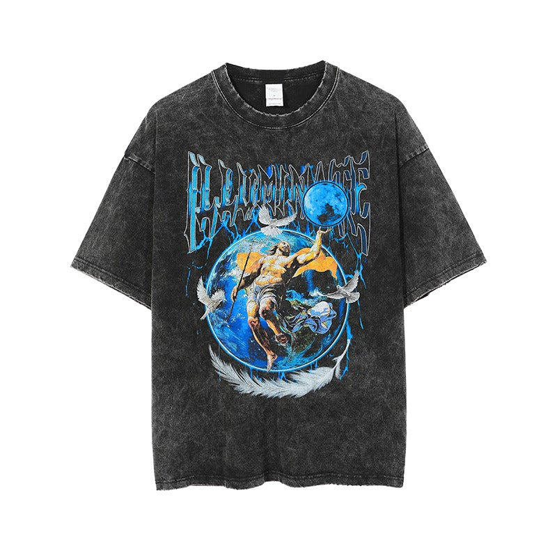 Casual Cartoon Print Oversized Tee with Distressed Sleeves