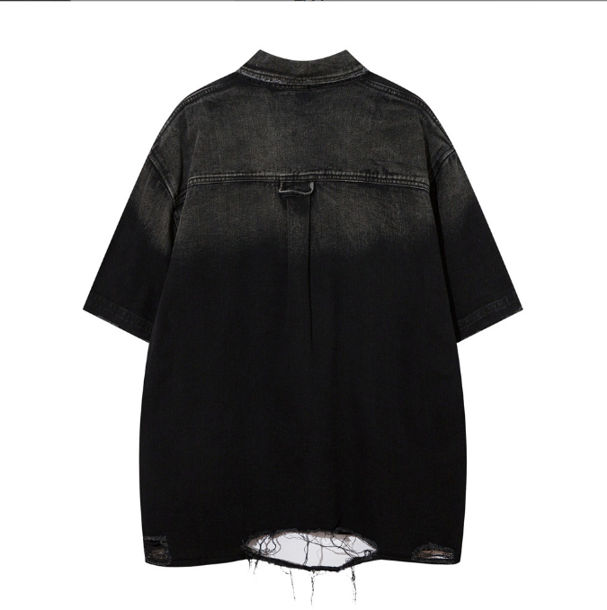 Retro Distressed Denim Relaxed Fit Short Sleeve Shirt Men