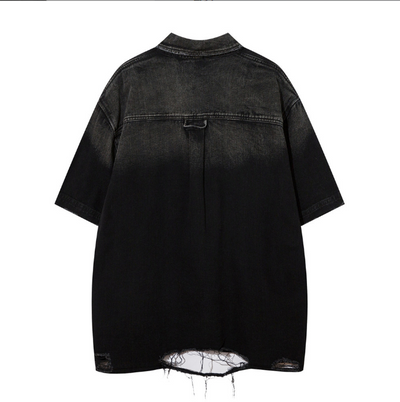 Retro Distressed Denim Relaxed Fit Short Sleeve Shirt Men