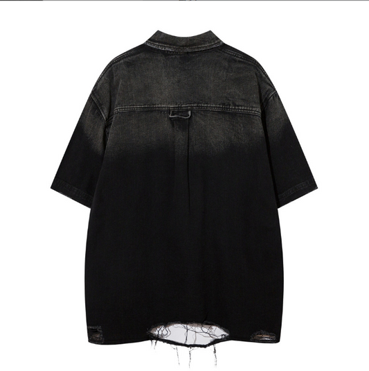 Retro Distressed Denim Relaxed Fit Short Sleeve Shirt Men