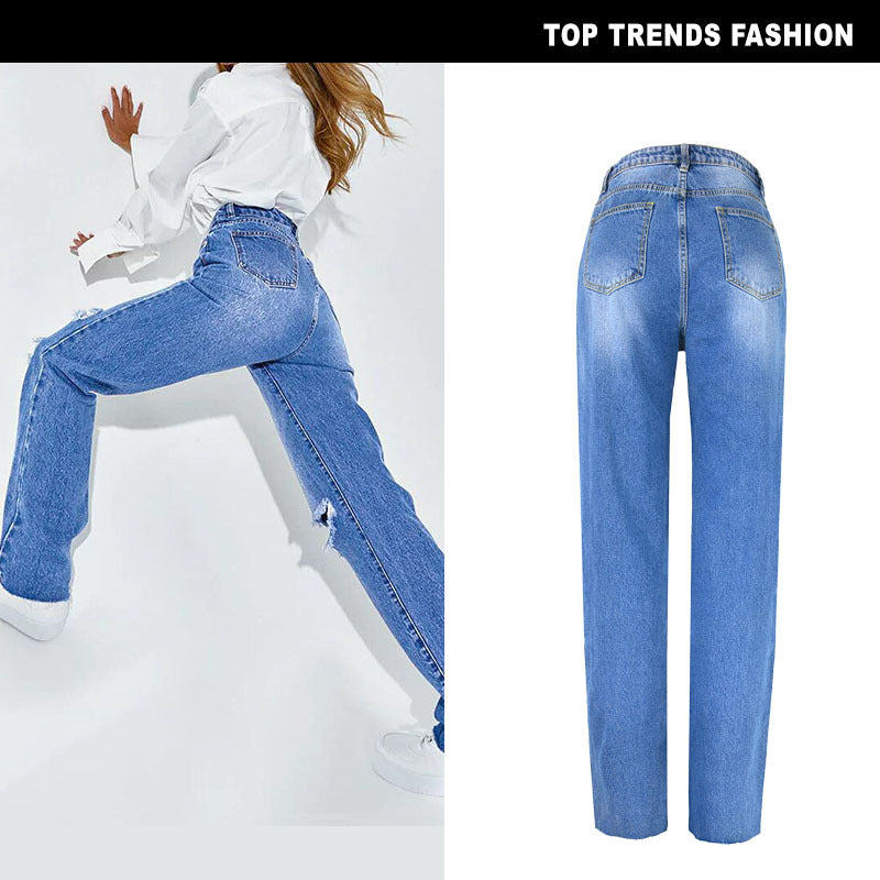 Chic High-Waisted Distressed Straight Leg Jeans for Women - Vintage-Inspired Washed Streetwear