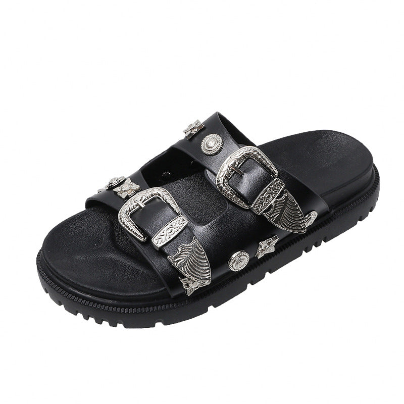 Leather Rivet Buckle Designer Flat Slippers Woman Round Toe Thick Sole Beach Sandal Summer Casual Fashion Mules Shoes