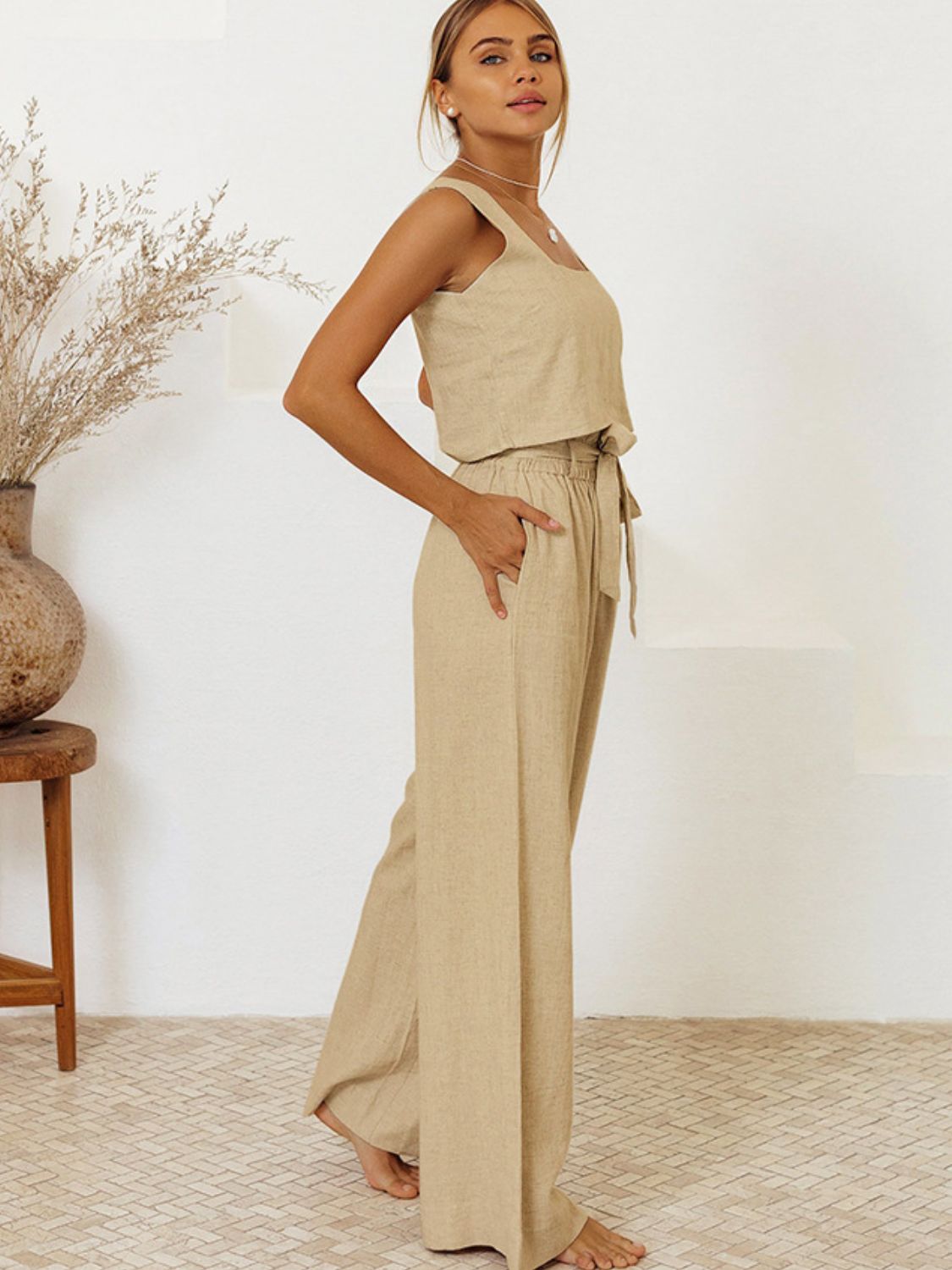 Elegant Square Neck Sleeveless Top and Trousers Set Sale