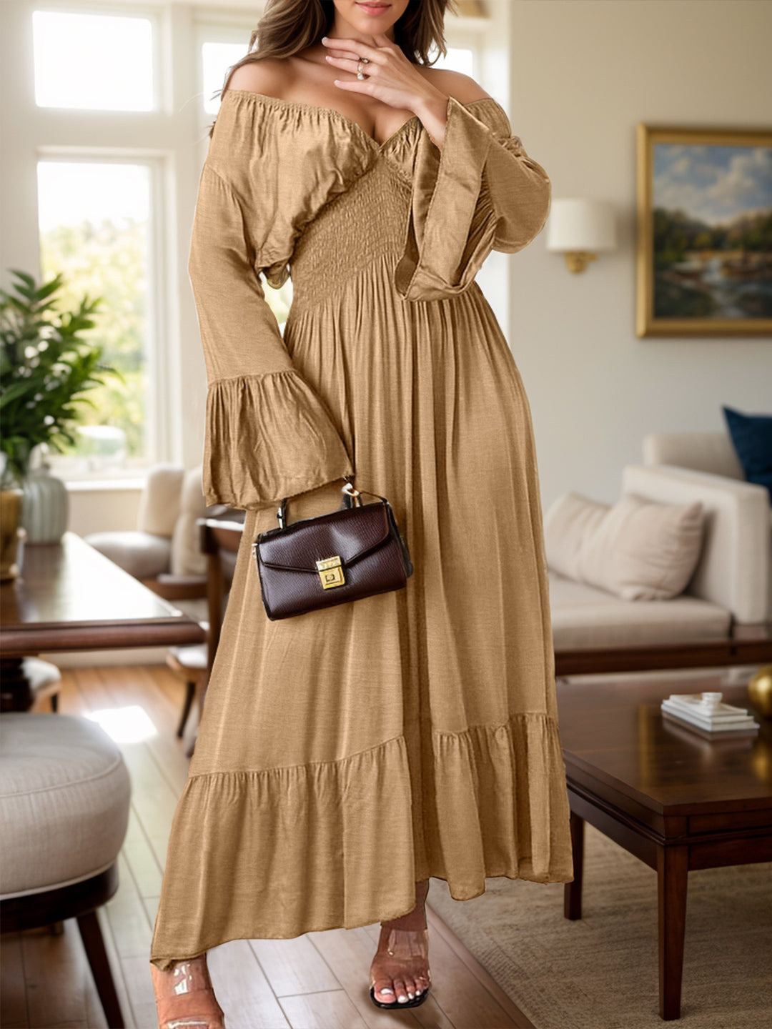 Elegant Ruched Flounce Sleeve Maxi Gown