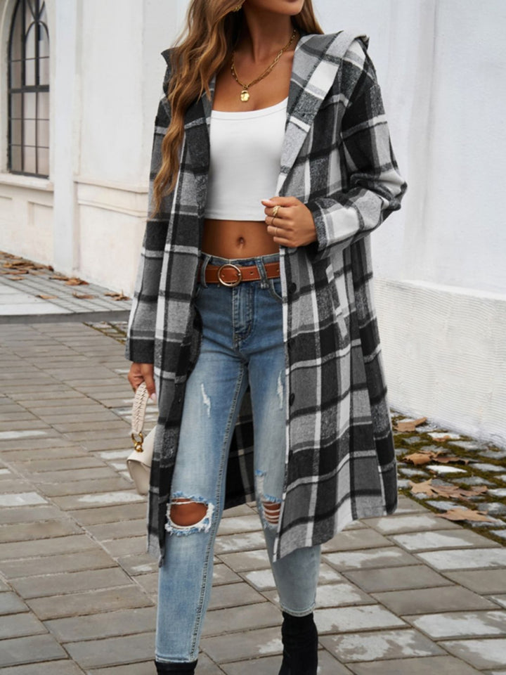 Plaid Hooded Jacket with Long Sleeves