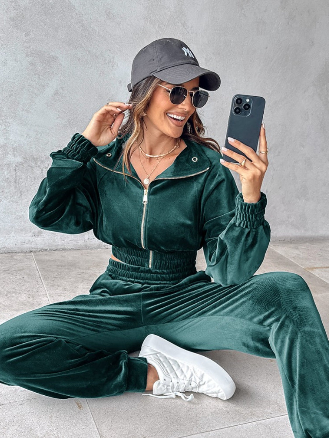Cropped Zip-Up Long Sleeve Top and Jogger Set for Women