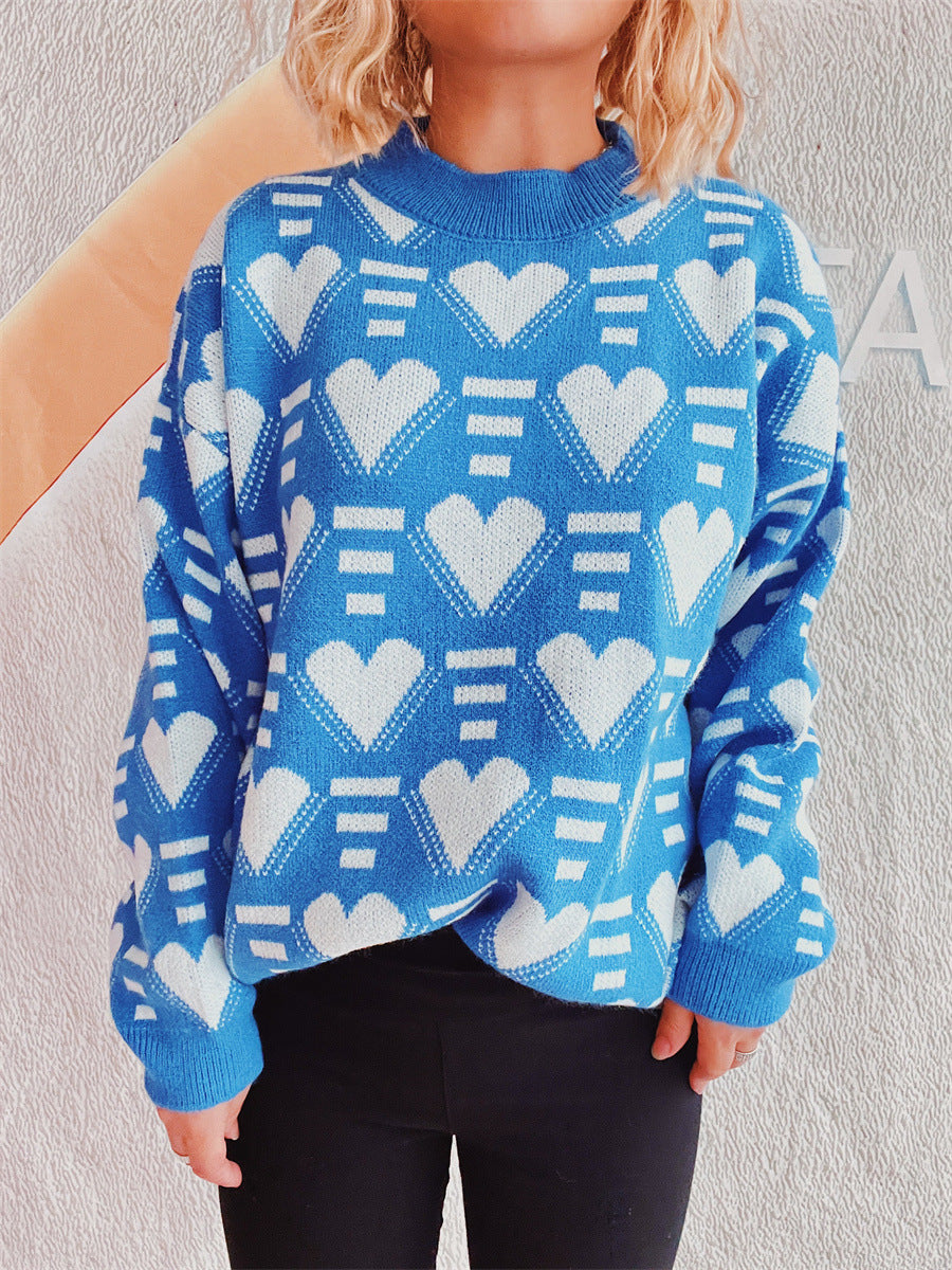 Charming Heart Contrast Oversized Sweater for Cozy Style