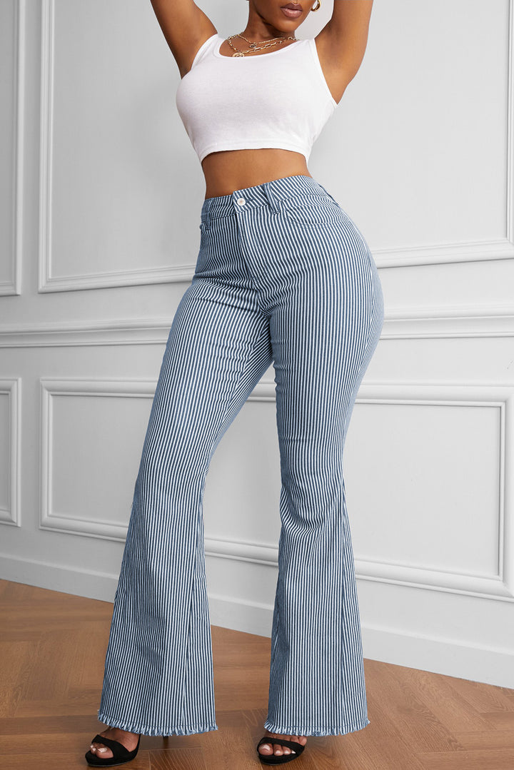 Fringe-Detailed Striped Bell Bottom Pants