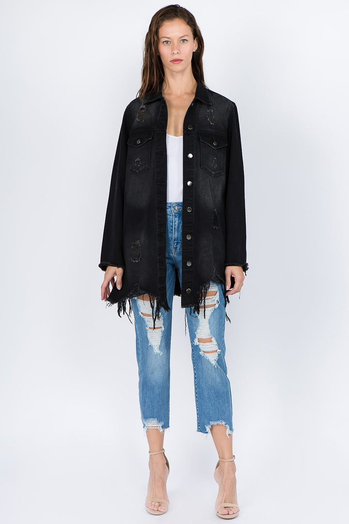 Frayed Hem Distressed Retro Denim Jacket