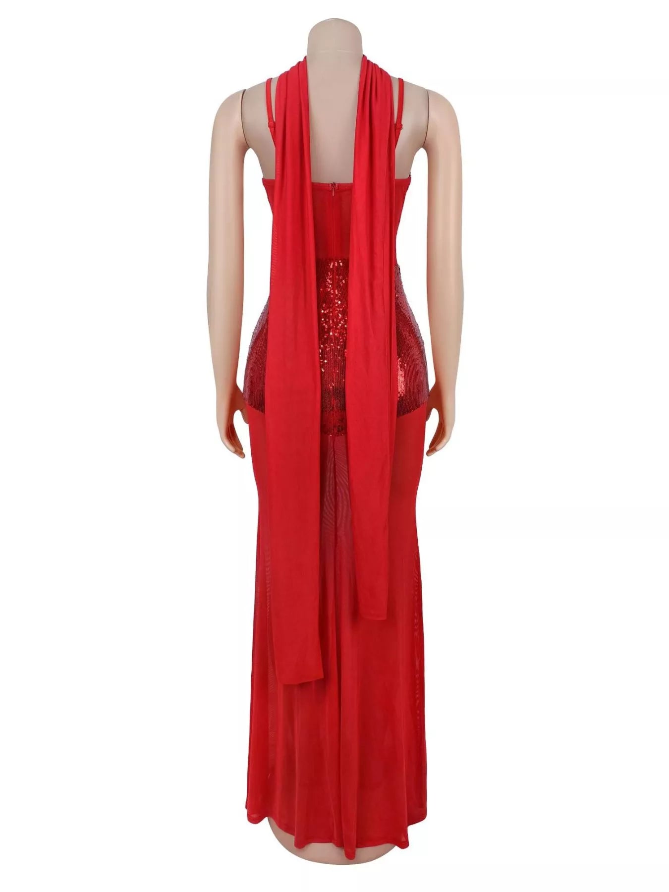 Sequin V-Neck Sheer Mesh Maxi Dress