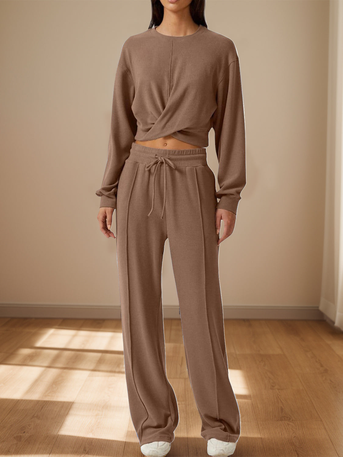 Trendy Crisscross Neck Top and Adjustable Waist Pants Set