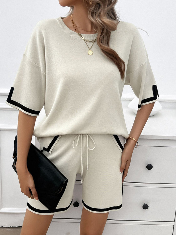 Stylish Contrast Trim Round Neck Top and Shorts Set