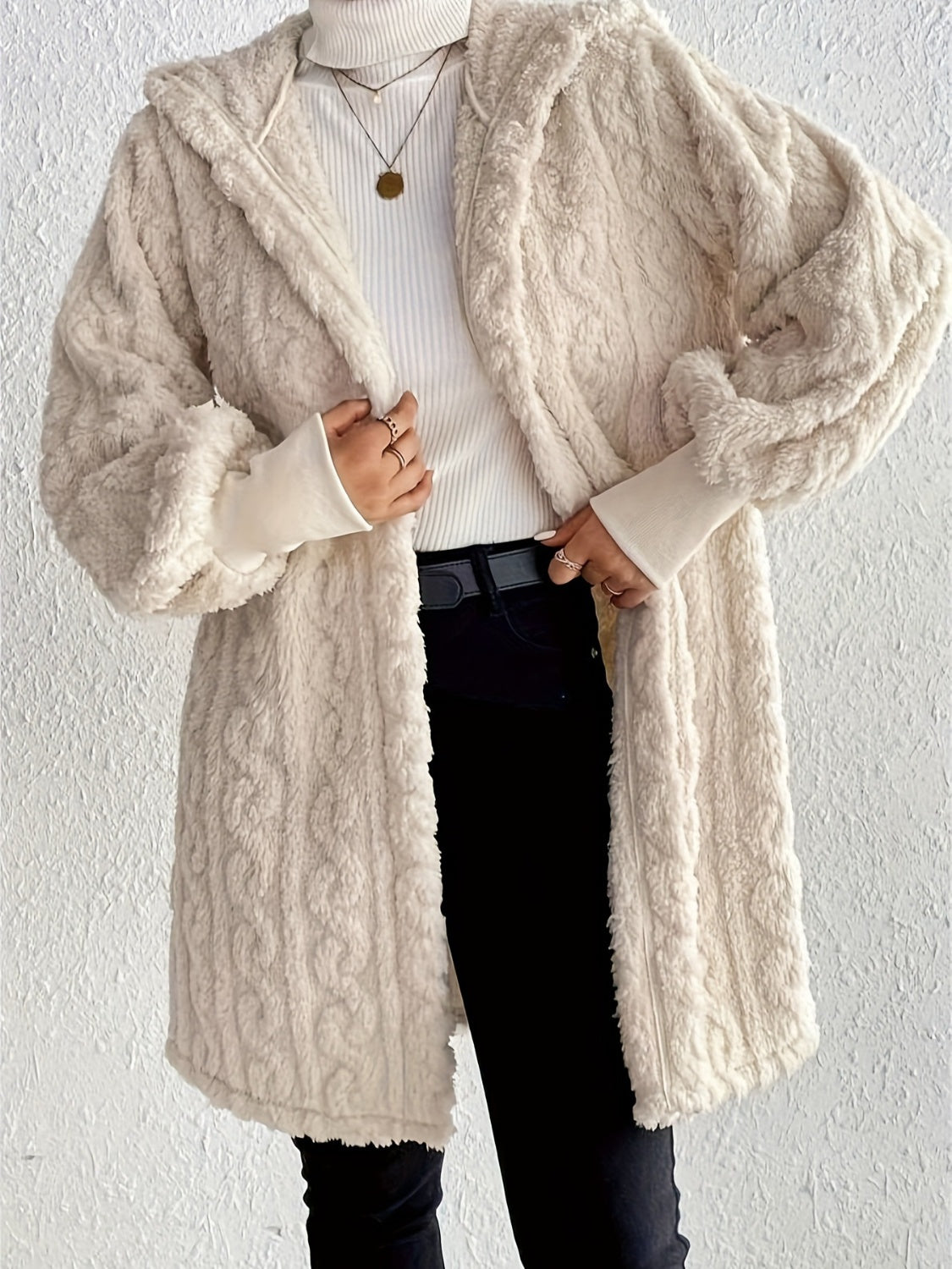 Open Front Long Sleeve Fuzzy Hooded Jacket for Women