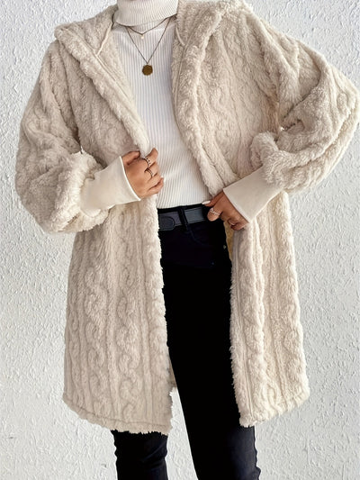 Open Front Long Sleeve Fuzzy Hooded Jacket for Women