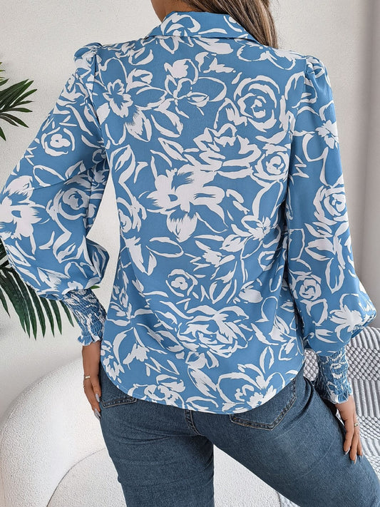Stylish Printed Lantern Sleeve Button-Up Blouse for Women