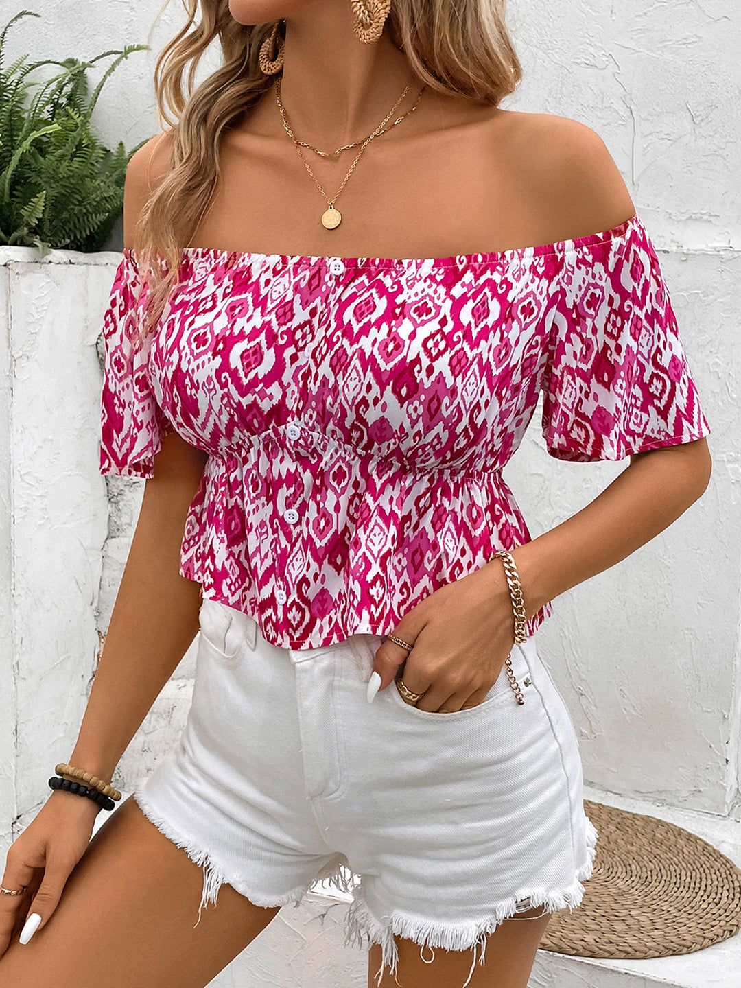 Stylish Off-Shoulder Peplum Top with Bold Print